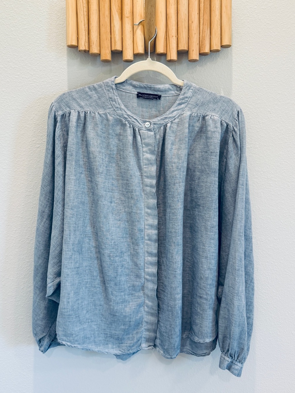 Light Blue Gray Button-Front Linen Blouse